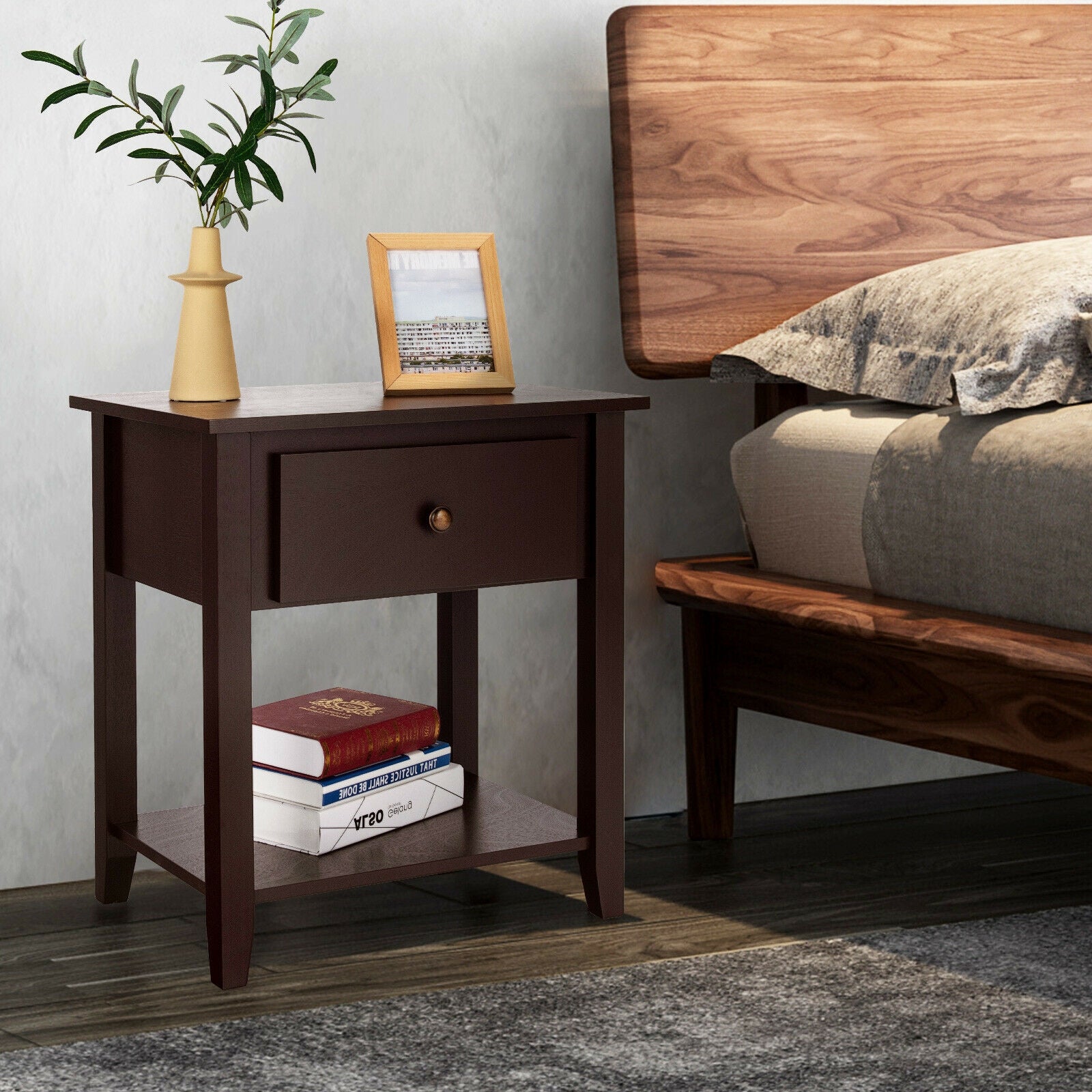Nightstand with Drawer and Storage Shelf for Bedroom Living Room, Dark Brown Nightstands at Gallery Canada