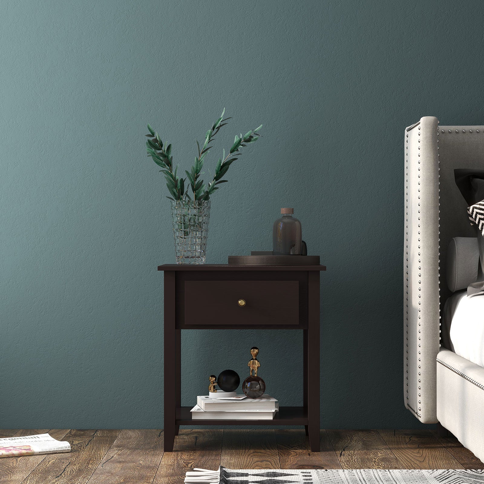 Nightstand with Drawer and Storage Shelf for Bedroom Living Room, Dark Brown Nightstands at Gallery Canada