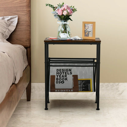 Narrow End Table with Magazine Holder Sling for Small Space, Rustic Brown