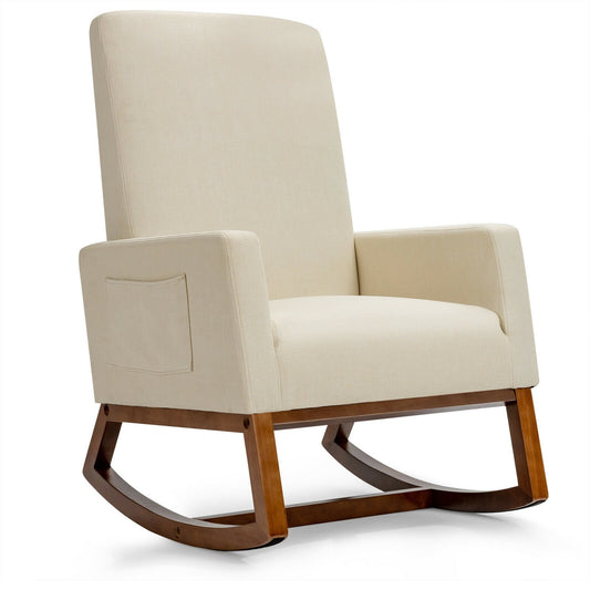 Rocking High Back Upholstered Lounge Armchair with Side Pocket, Beige - Gallery Canada