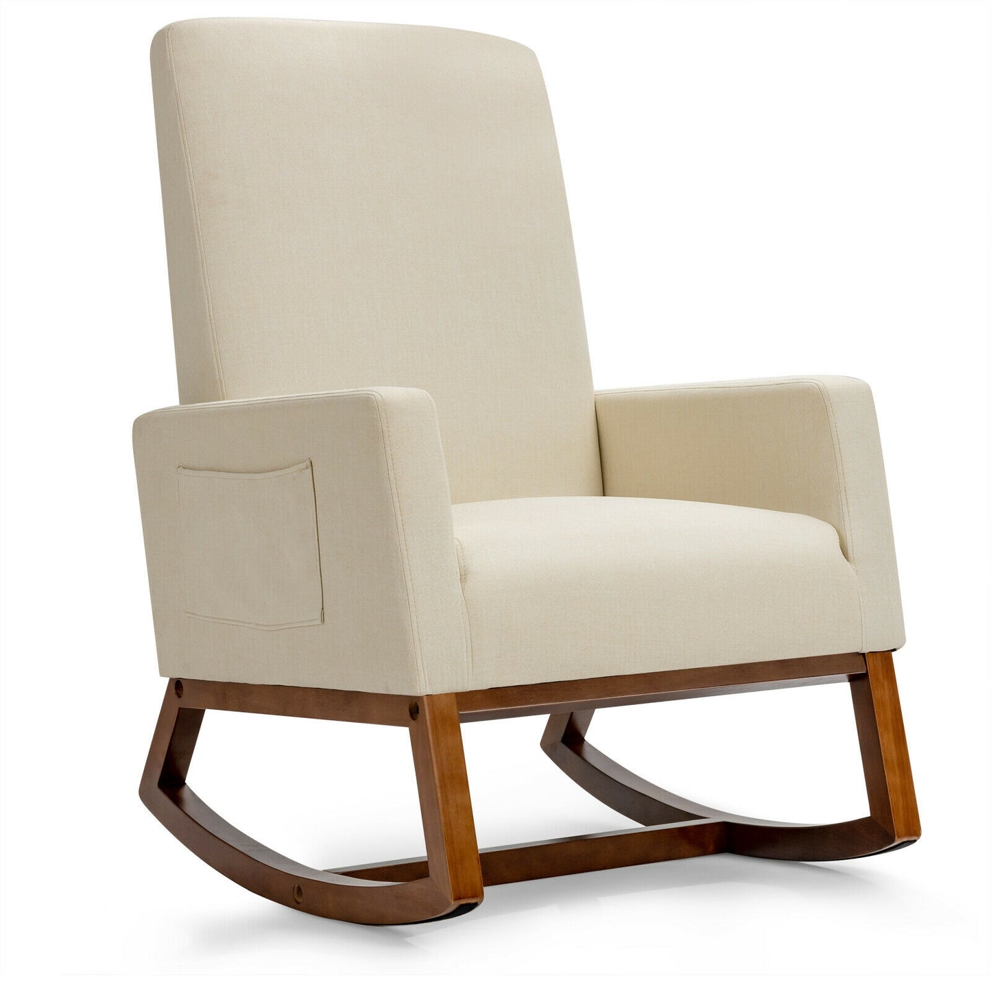 Rocking High Back Upholstered Lounge Armchair with Side Pocket, Beige Accent Chairs Beige at Gallery Canada