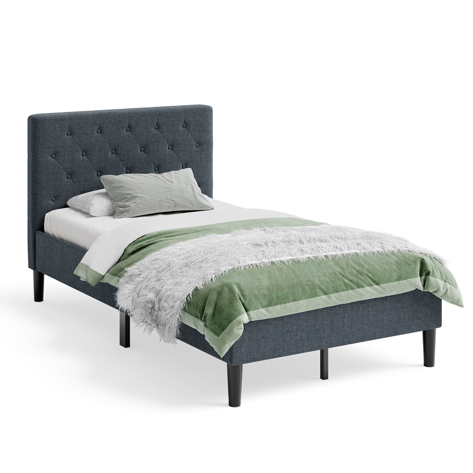 Upholstered Bed Base with Button Stitched Headboard, Black at Gallery Canada