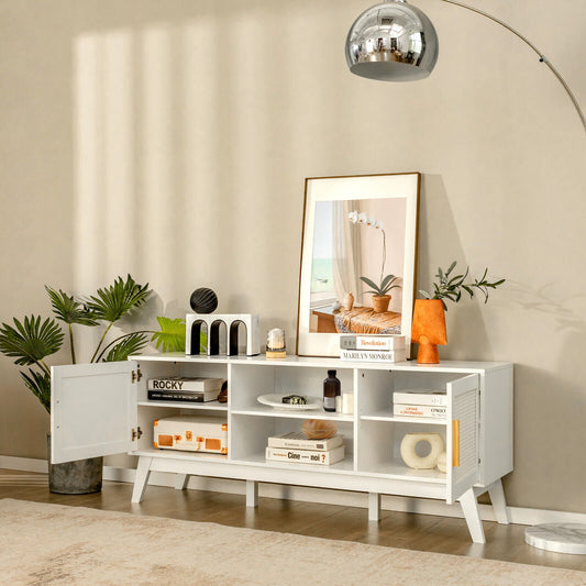 TV Stand Entertainment Media Console with 2 Rattan Cabinets and Open Shelves, White - Gallery Canada