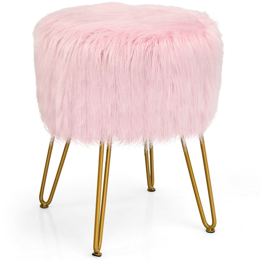 Faux Fur Vanity Stool Chair with Metal Legs for Bedroom and Living Room, Pink