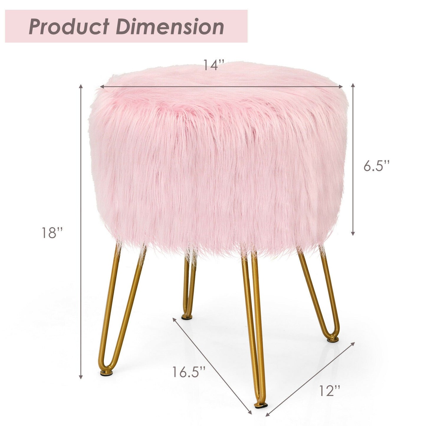 Faux Fur Vanity Stool Chair with Metal Legs for Bedroom and Living Room, Pink - Gallery Canada