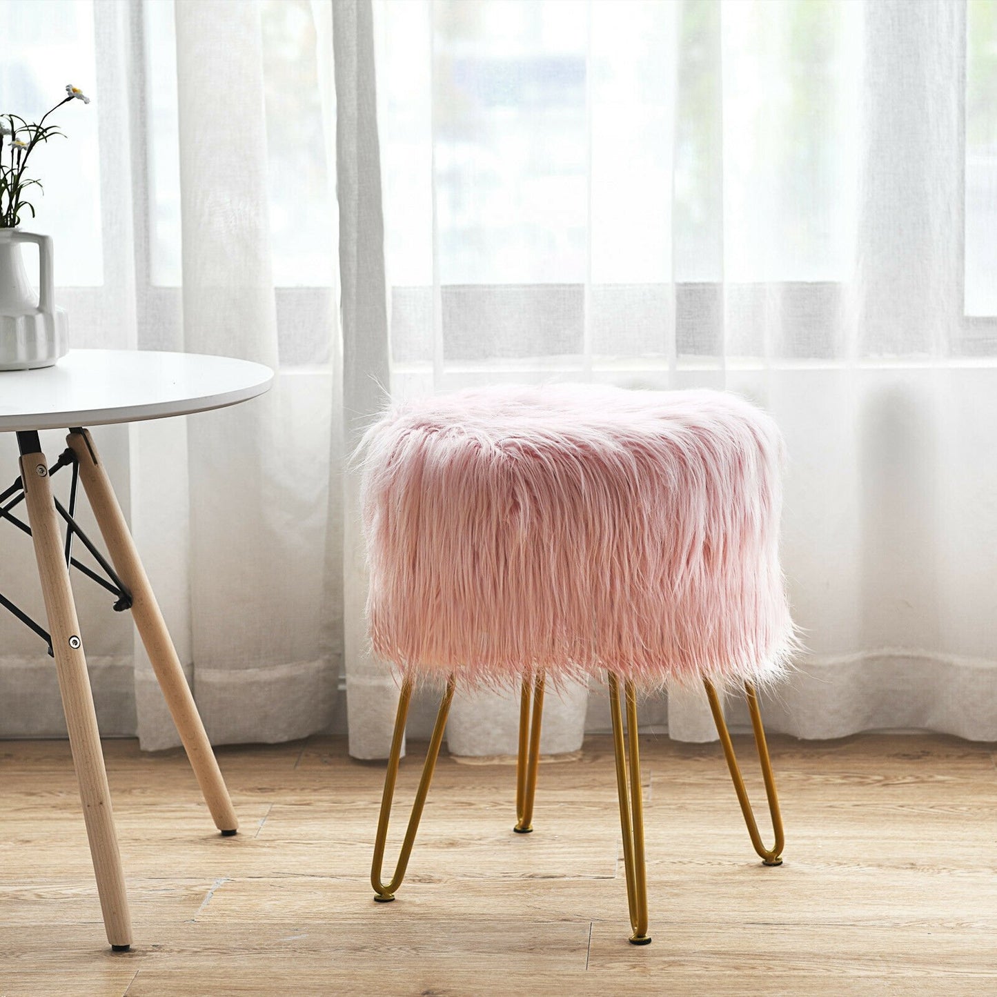 Faux Fur Vanity Stool Chair with Metal Legs for Bedroom and Living Room, Pink - Gallery Canada