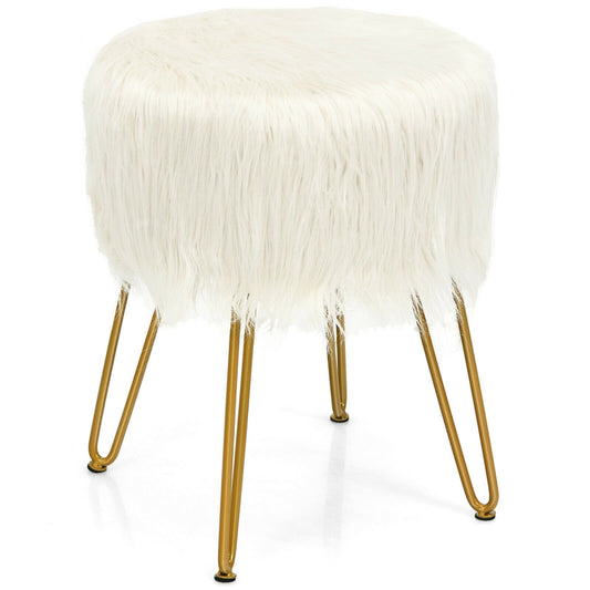 Faux Fur Vanity Stool Chair with Metal Legs for Bedroom and Living Room, White