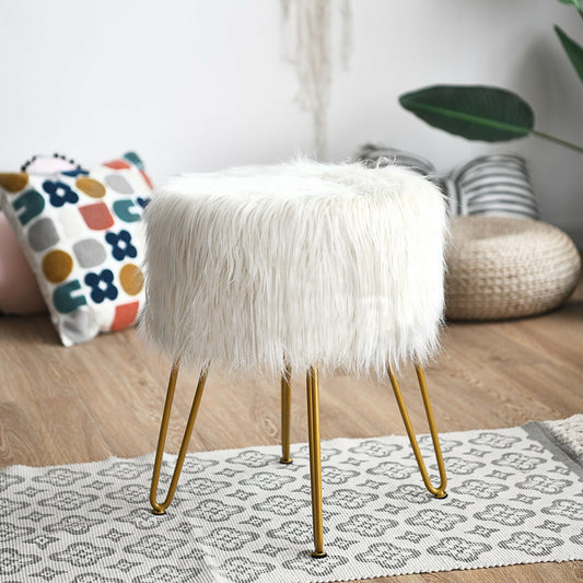 Faux Fur Vanity Stool Chair with Metal Legs for Bedroom and Living Room, White - Gallery Canada