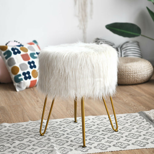 Faux Fur Vanity Stool Chair with Metal Legs for Bedroom and Living Room, White