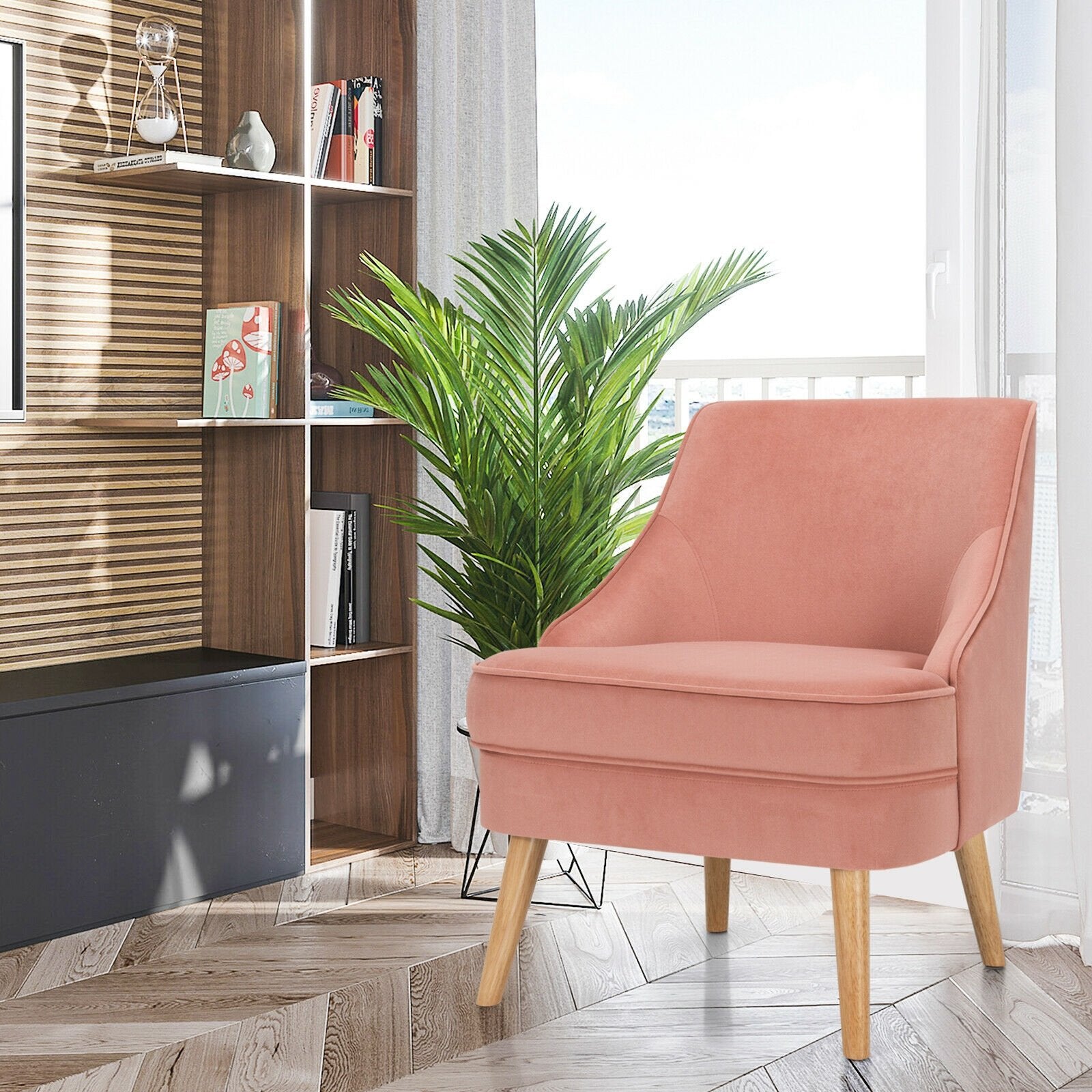 Mid Century Velvet Accent Chair with Rubber Wood Legs for Bedroom, Pink - Gallery Canada