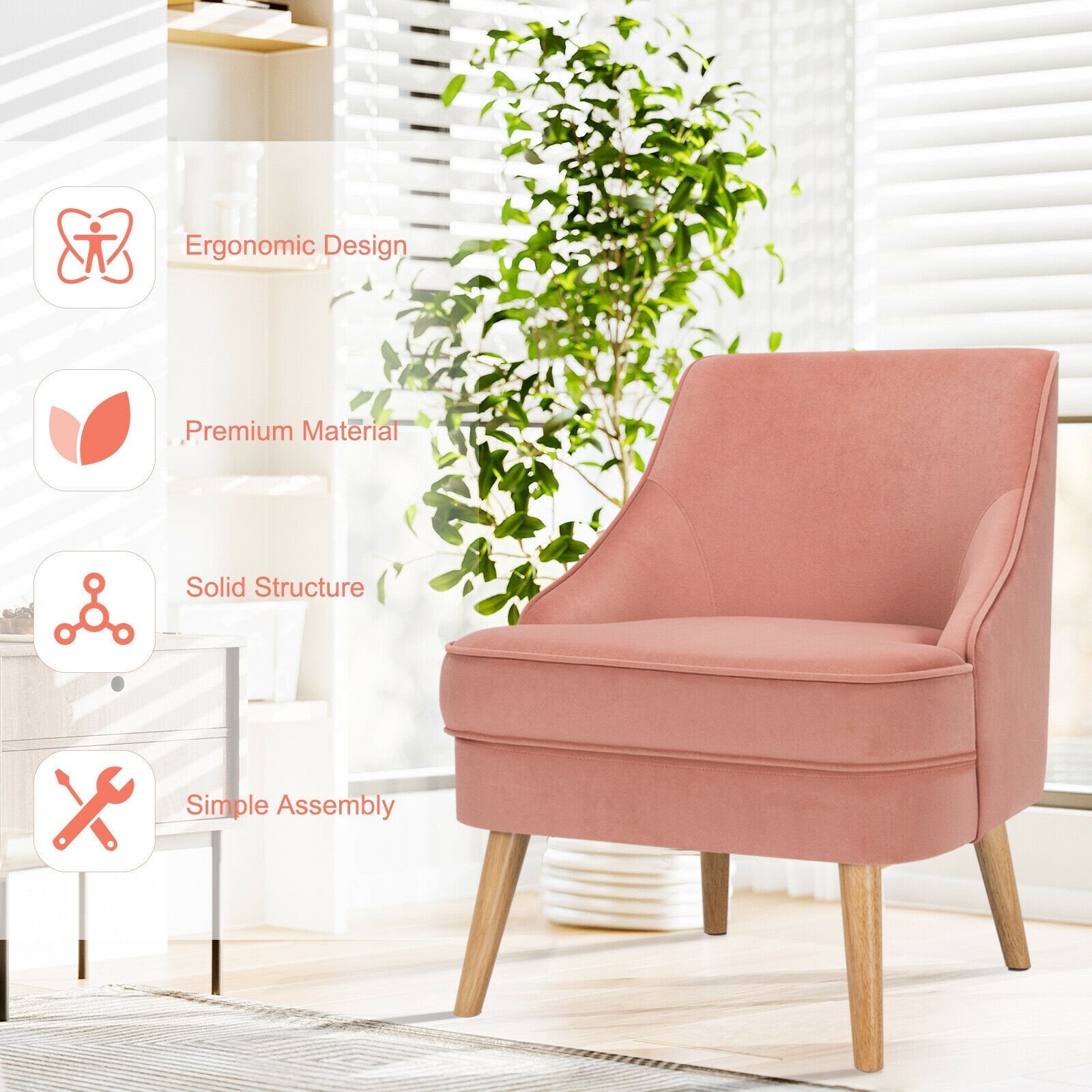 Mid Century Velvet Accent Chair with Rubber Wood Legs for Bedroom, Pink - Gallery Canada
