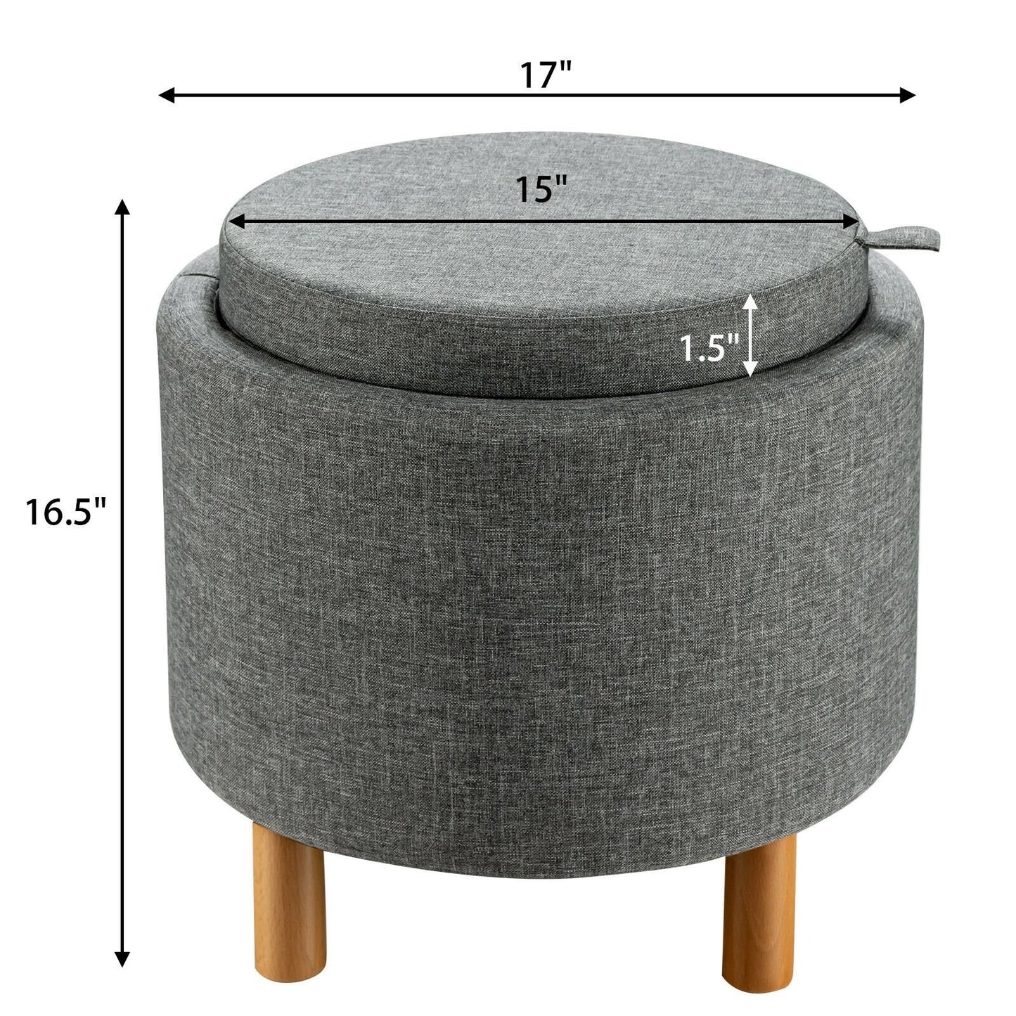 Round Fabric Storage Ottoman with Tray and Non-Slip Pads for Bedroom, Gray - Gallery Canada