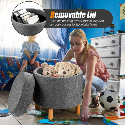 Round Fabric Storage Ottoman with Tray and Non-Slip Pads for Bedroom, Gray Ottomans Gray at Gallery Canada