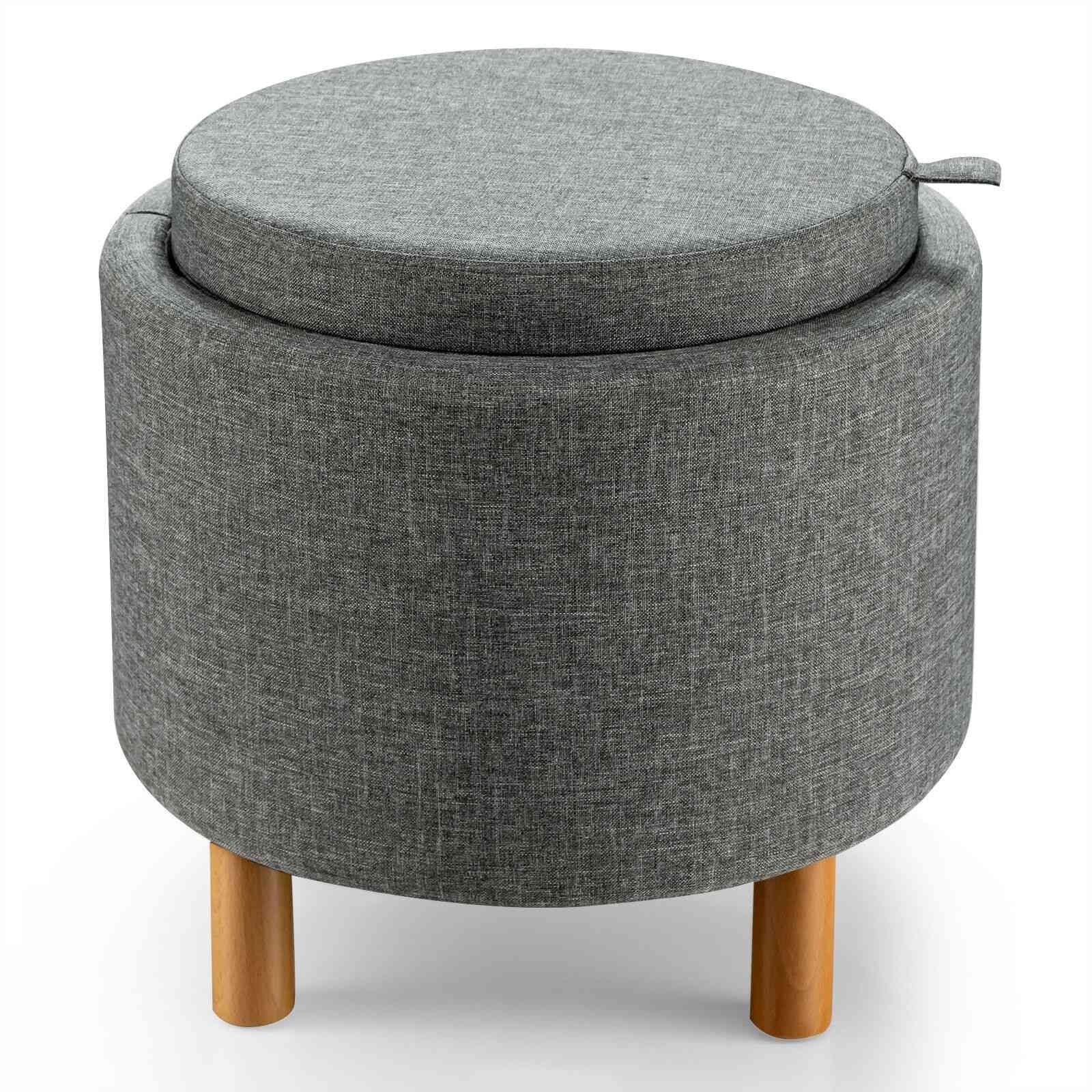 Round Fabric Storage Ottoman With Tray, Non-Slip Pads, Gray Ottomans Gray at Gallery Canada