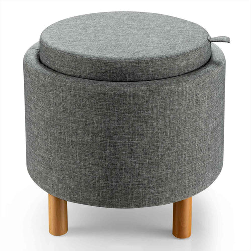 Round Fabric Storage Ottoman With Tray, Non-Slip Pads, Gray