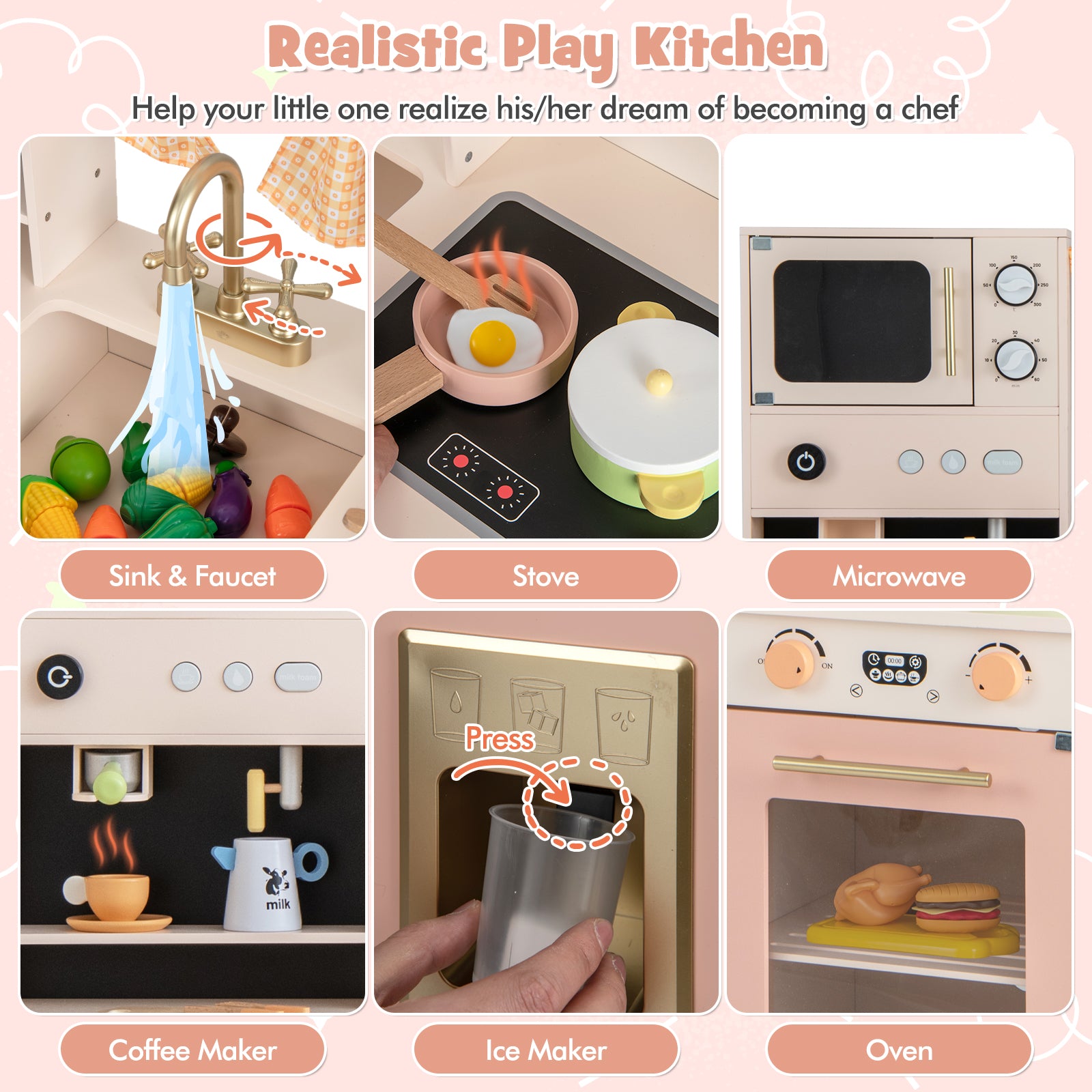 Kids Kitchen Playset with Microwave and Coffee Maker for Ages 3+, Pink Play Kitchen Sets at Gallery Canada