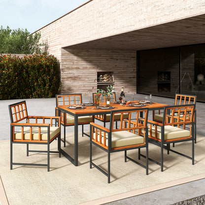 7 Pieces Patio Acacia Wood Dining Set with Soft Cushions and Umbrella Hole, Natural Patio Dining Sets at Gallery Canada