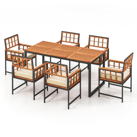 7 Pieces Patio Acacia Wood Dining Set with Soft Cushions and Umbrella Hole, Natural - Gallery Canada