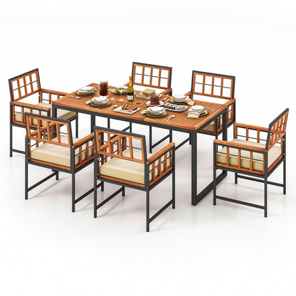 7 Pieces Patio Acacia Wood Dining Set with Soft Cushions and Umbrella Hole, Natural Patio Dining Sets at Gallery Canada