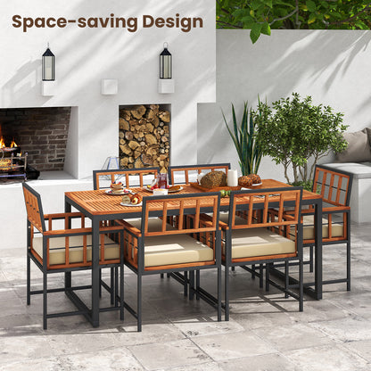7 Pieces Patio Acacia Wood Dining Set with Soft Cushions and Umbrella Hole, Natural Patio Dining Sets at Gallery Canada