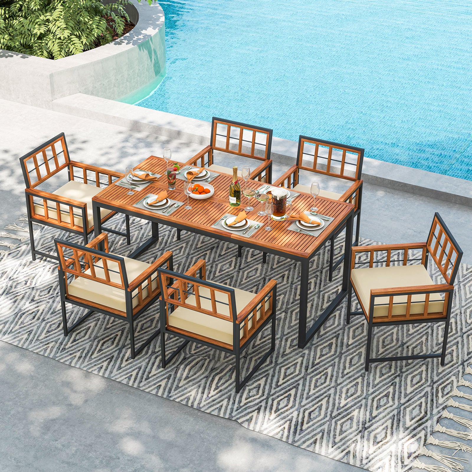 7 Pieces Patio Acacia Wood Dining Set with Soft Cushions and Umbrella Hole, Natural Patio Dining Sets at Gallery Canada
