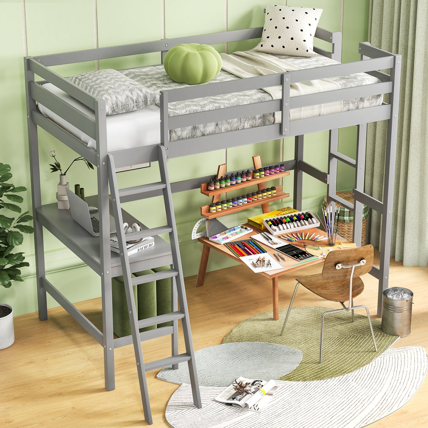 Twin Size Loft Bed Frame with Desk Angled and Built-in Ladder, Gray Bunk Bed Frame at Gallery Canada