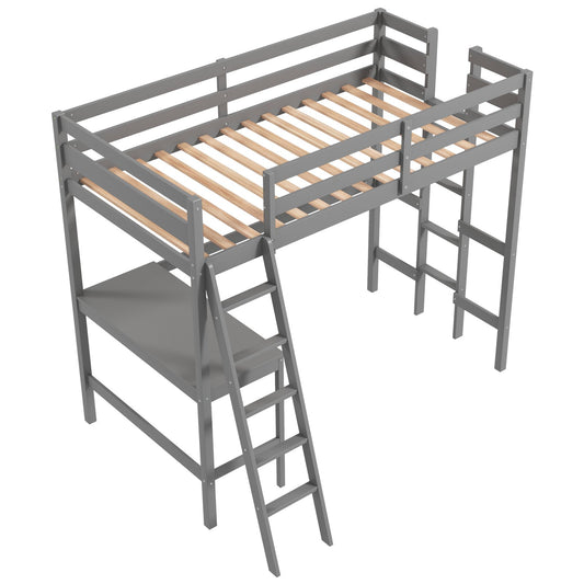 Twin Size Loft Bed Frame with Desk Angled and Built-in Ladder, Gray - Gallery Canada