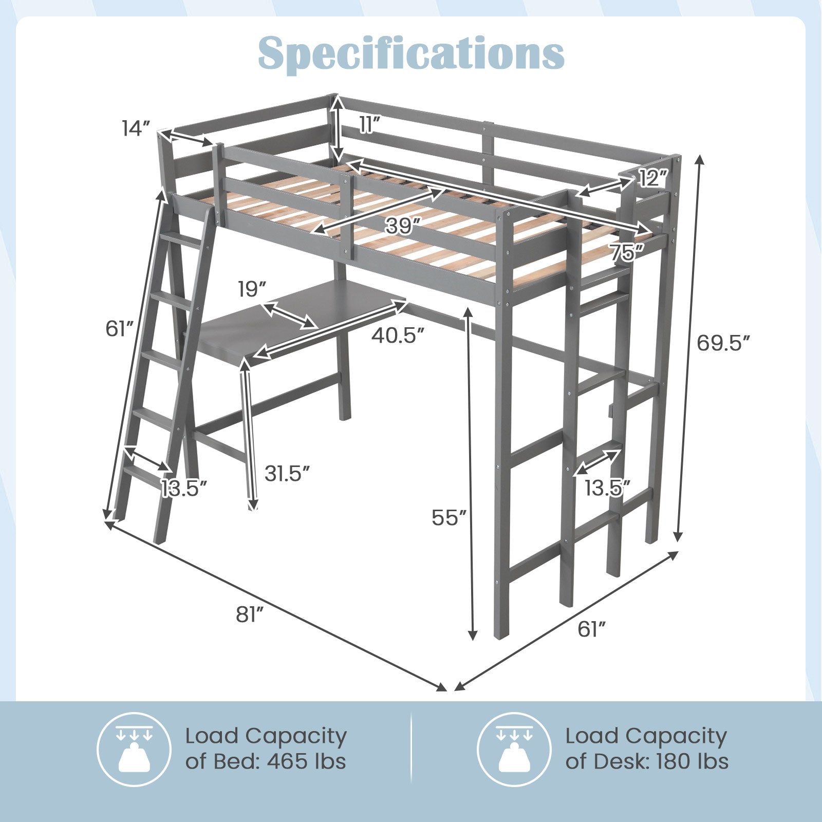 Twin Size Loft Bed Frame with Desk Angled and Built-in Ladder, Gray Bunk Bed Frame at Gallery Canada