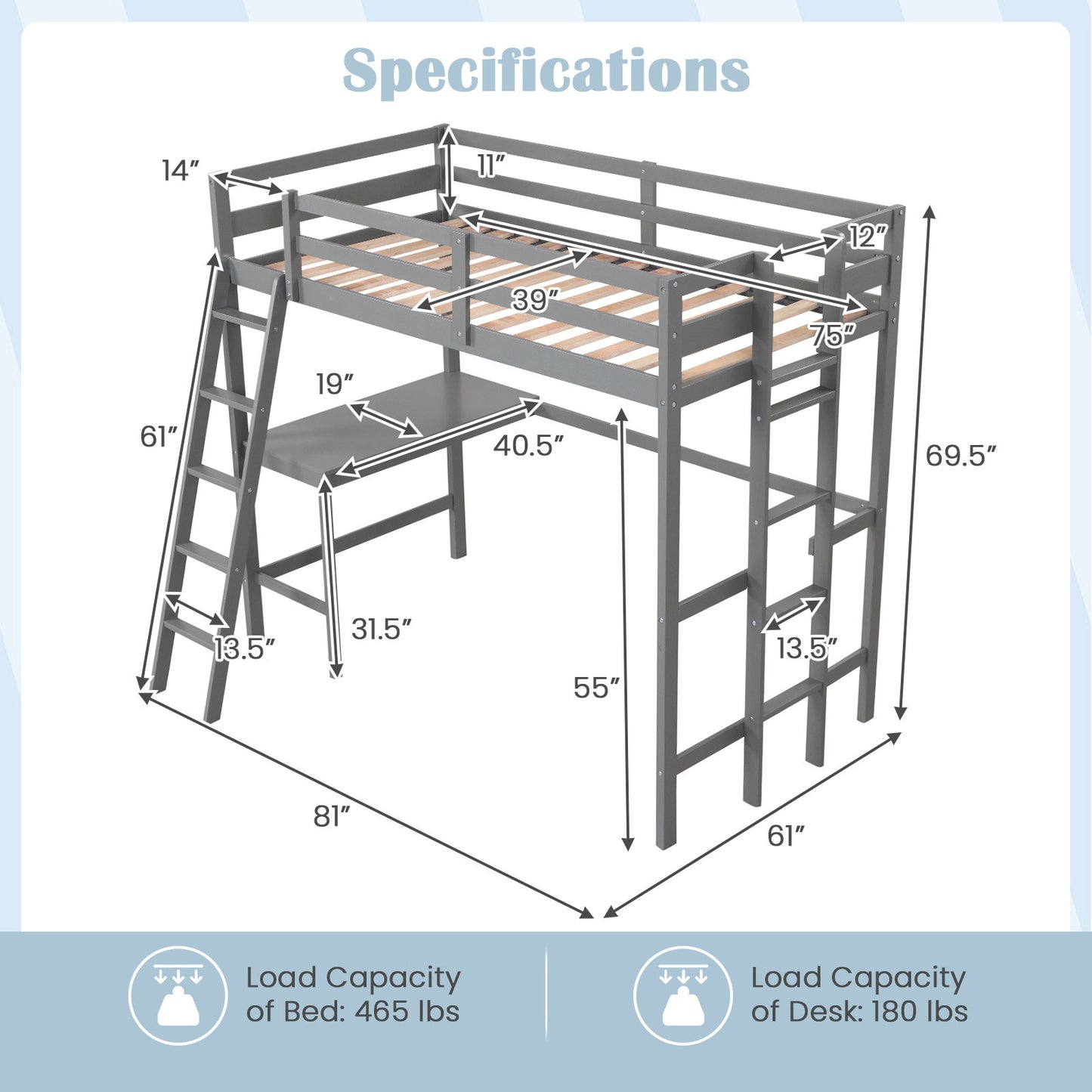 Twin Size Loft Bed Frame with Desk Angled and Built-in Ladder, Gray Bunk Bed Frame at Gallery Canada