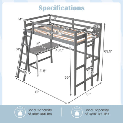 Twin Size Loft Bed Frame with Desk Angled and Built-in Ladder, Gray Bunk Bed Frame at Gallery Canada