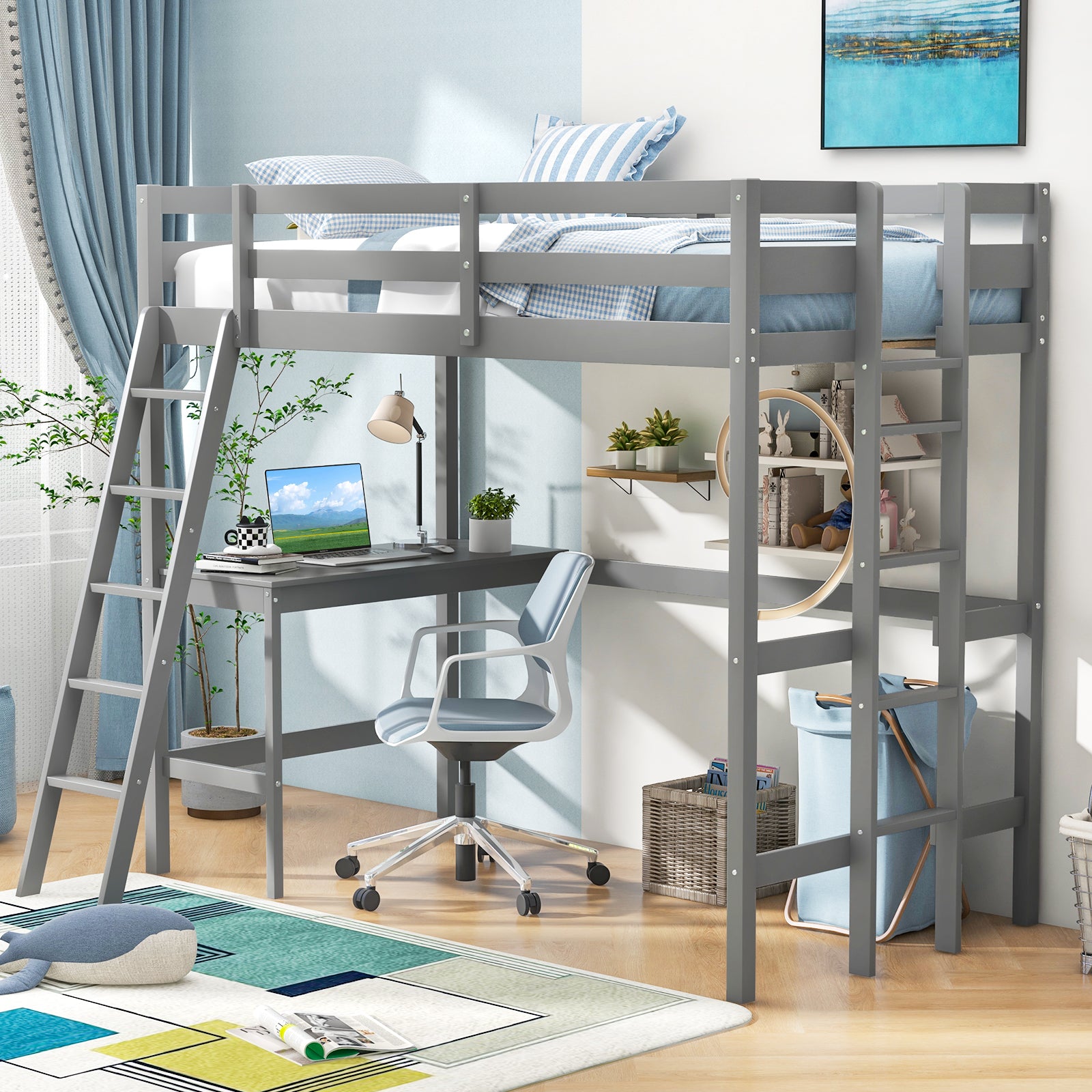 Twin Size Loft Bed Frame with Desk Angled and Built-in Ladder, Gray Bunk Bed Frame at Gallery Canada