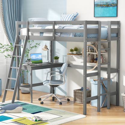 Twin Size Loft Bed Frame with Desk Angled and Built-in Ladder, Gray Bunk Bed Frame at Gallery Canada
