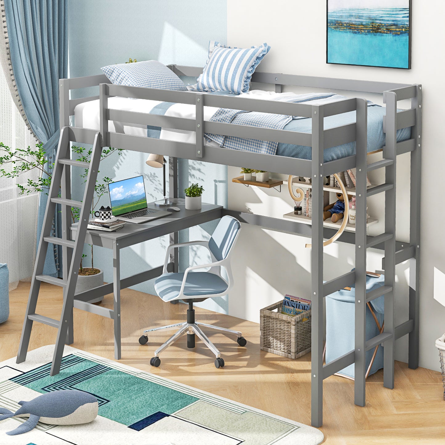 Twin Size Loft Bed Frame with Desk Angled and Built-in Ladder, Gray Bunk Bed Frame at Gallery Canada