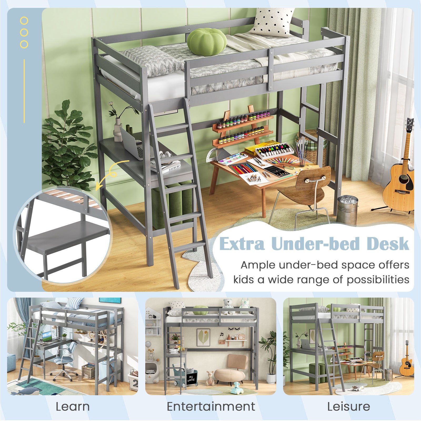 Twin Size Loft Bed Frame with Desk Angled and Built-in Ladder, Gray Bunk Bed Frame at Gallery Canada