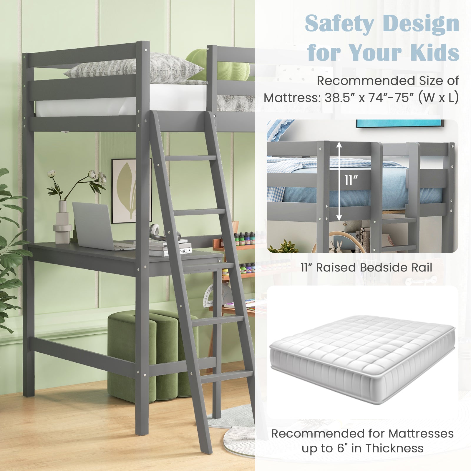 Twin Size Loft Bed Frame with Desk Angled and Built-in Ladder, Gray Bunk Bed Frame at Gallery Canada