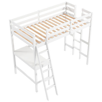 Twin Size Loft Bed Frame With Desk, Angled Ladder, White Bunk Bed Frame at Gallery Canada
