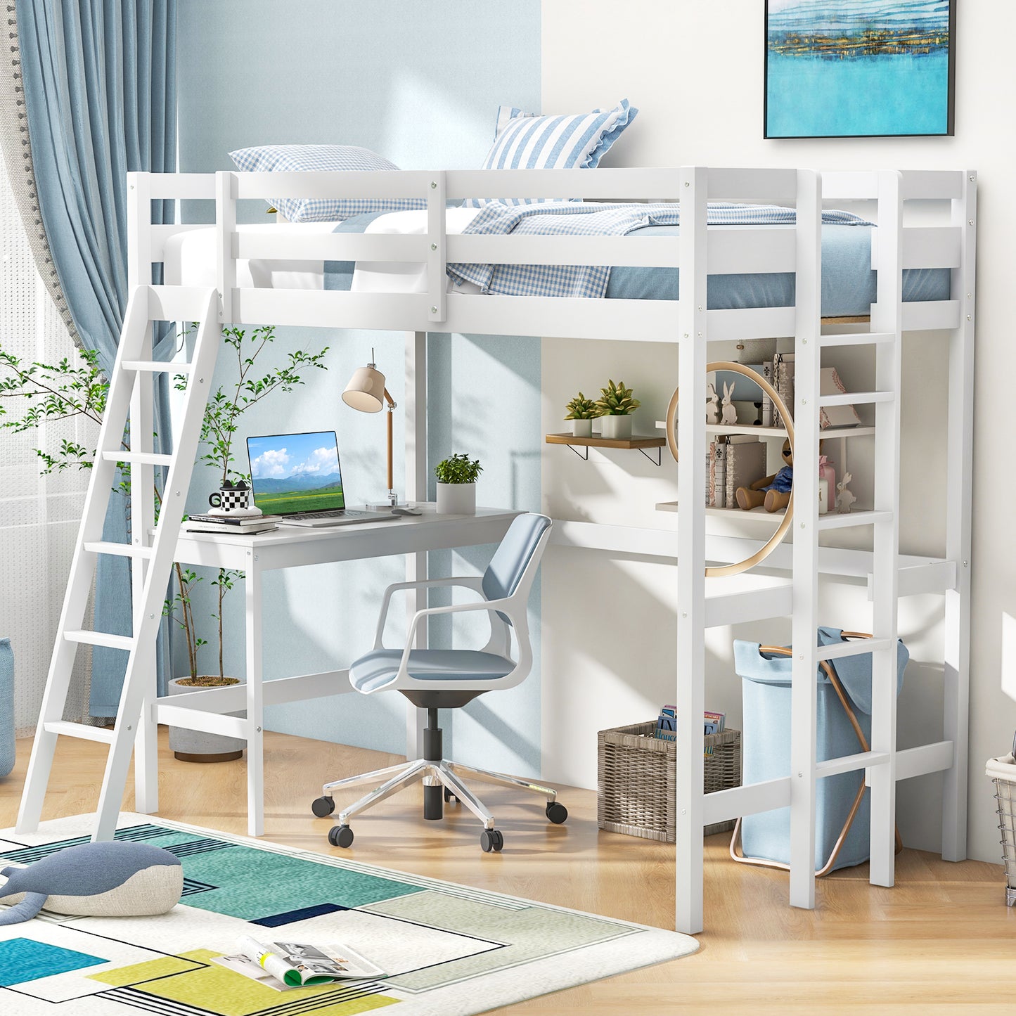 Twin Size Loft Bed Frame With Desk, Angled Ladder, White Bunk Bed Frame at Gallery Canada