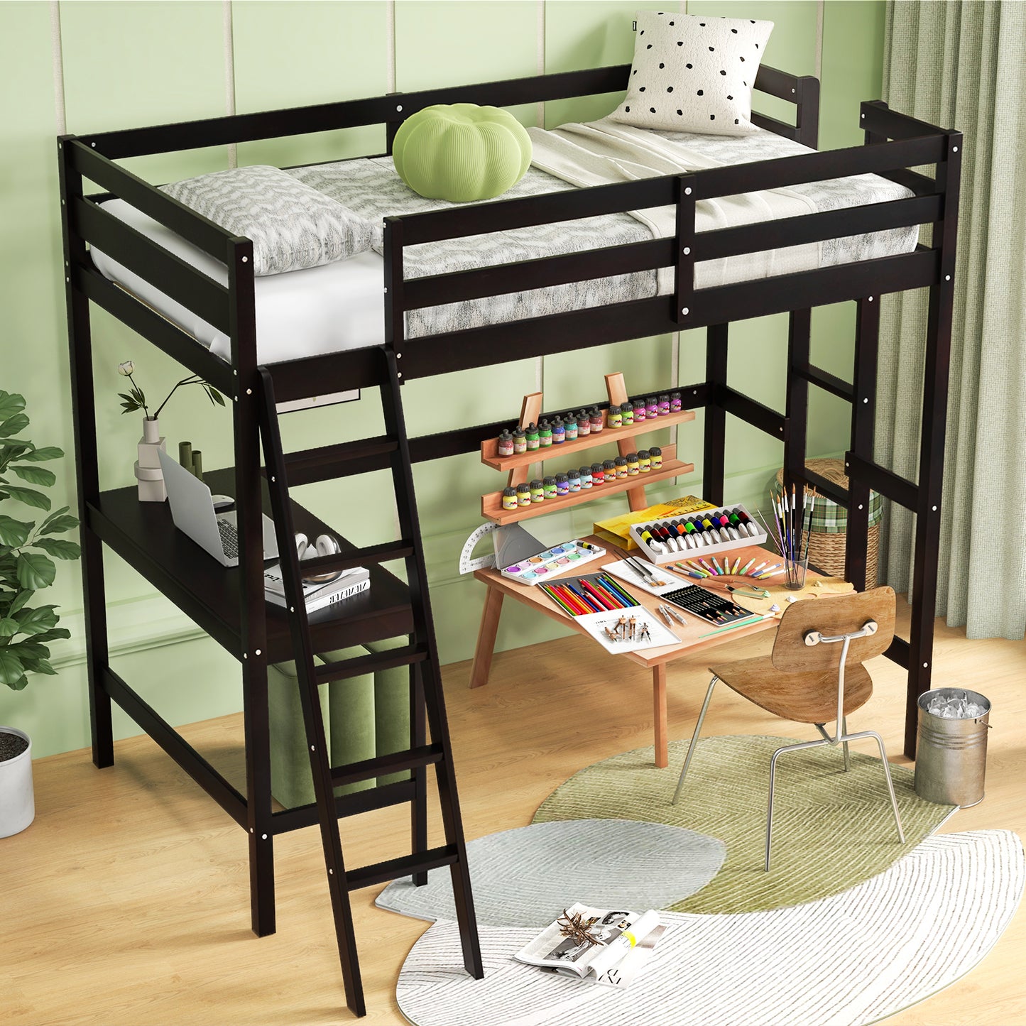 Twin Size Loft Bed Frame with Desk Angled and Built-in Ladder, Dark Brown Bunk Bed Frame at Gallery Canada