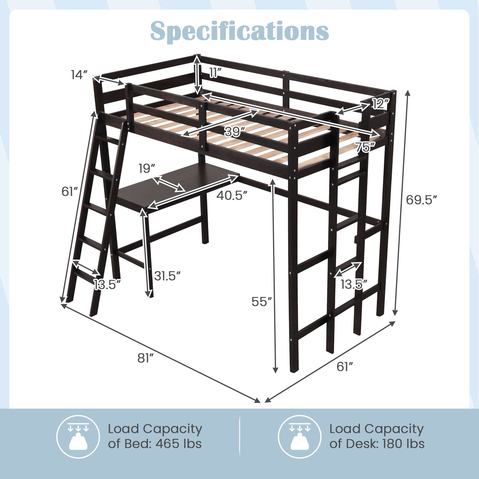 Twin Size Loft Bed Frame with Desk Angled and Built-in Ladder, Dark Brown Bunk Bed Frame at Gallery Canada