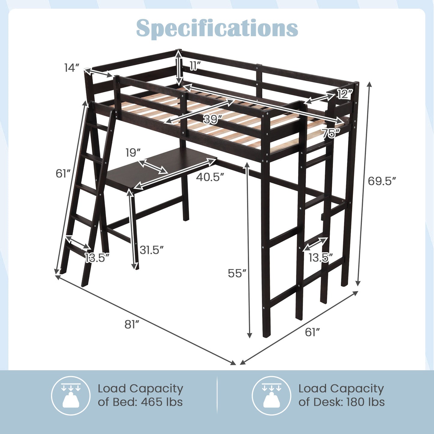 Twin Size Loft Bed Frame with Desk Angled and Built-in Ladder, Dark Brown Bunk Bed Frame at Gallery Canada