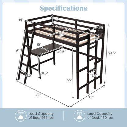 Twin Size Loft Bed Frame with Desk Angled and Built-in Ladder, Dark Brown Bunk Bed Frame at Gallery Canada