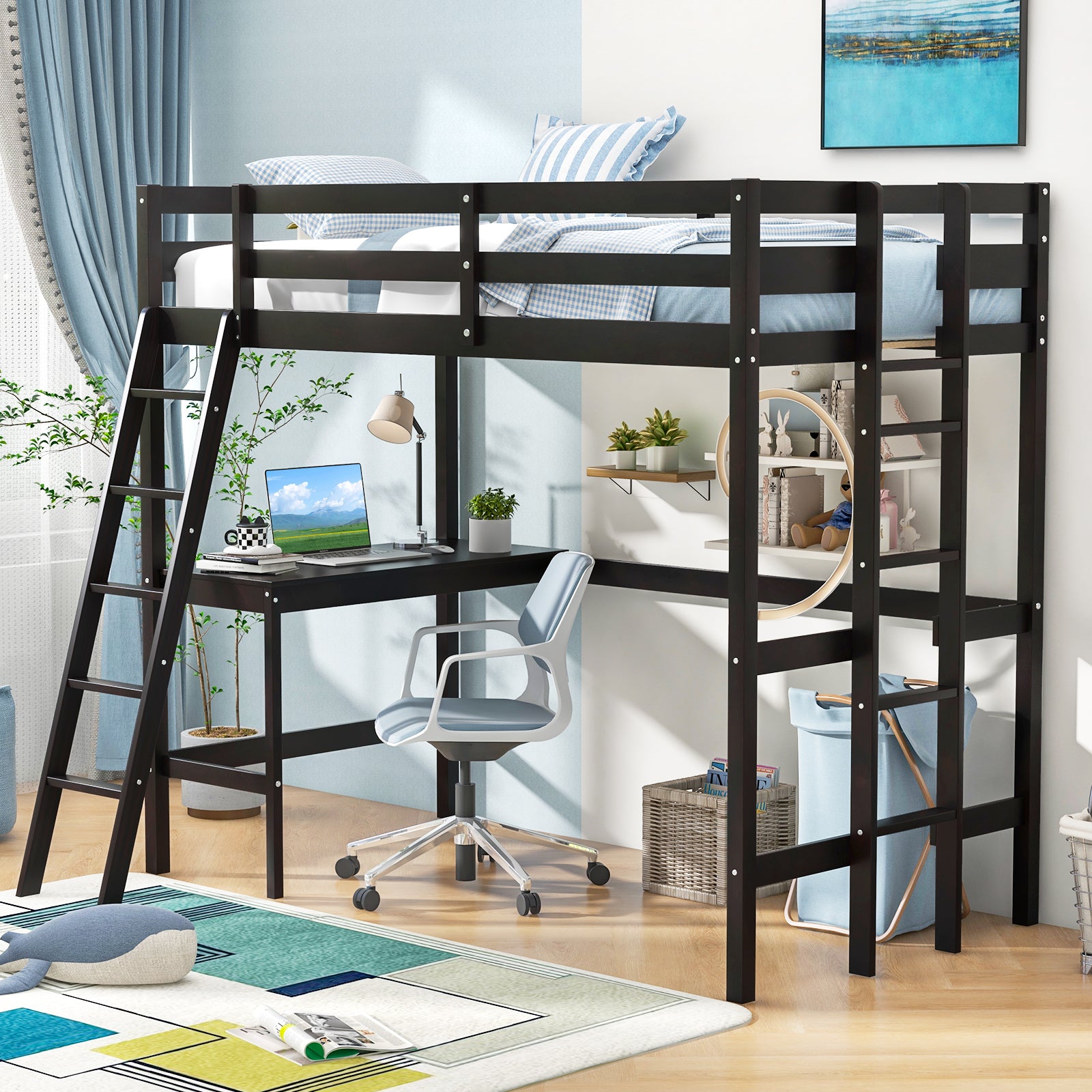 Twin Size Loft Bed Frame with Desk Angled and Built-in Ladder, Dark Brown Bunk Bed Frame at Gallery Canada