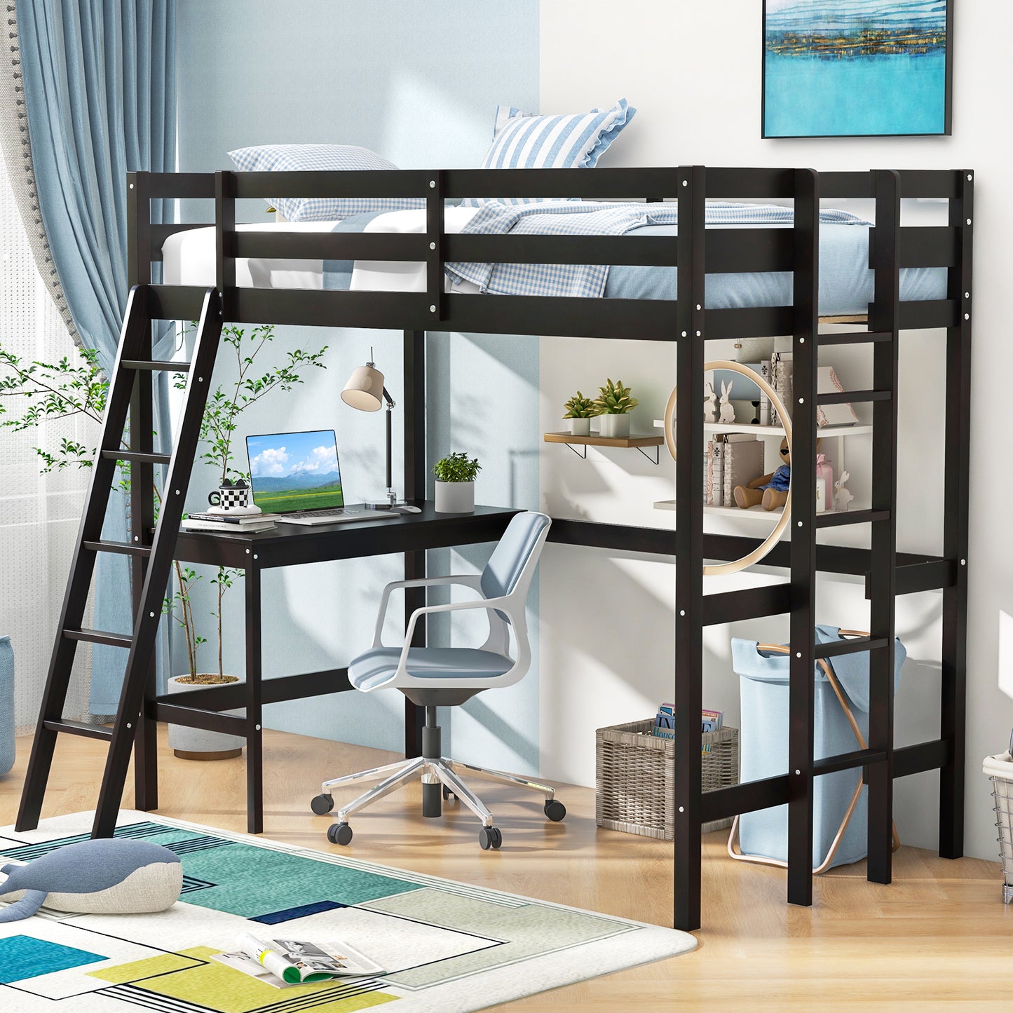 Twin Size Loft Bed Frame with Desk Angled and Built-in Ladder, Dark Brown Bunk Bed Frame at Gallery Canada