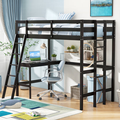 Twin Size Loft Bed Frame with Desk Angled and Built-in Ladder, Dark Brown Bunk Bed Frame at Gallery Canada