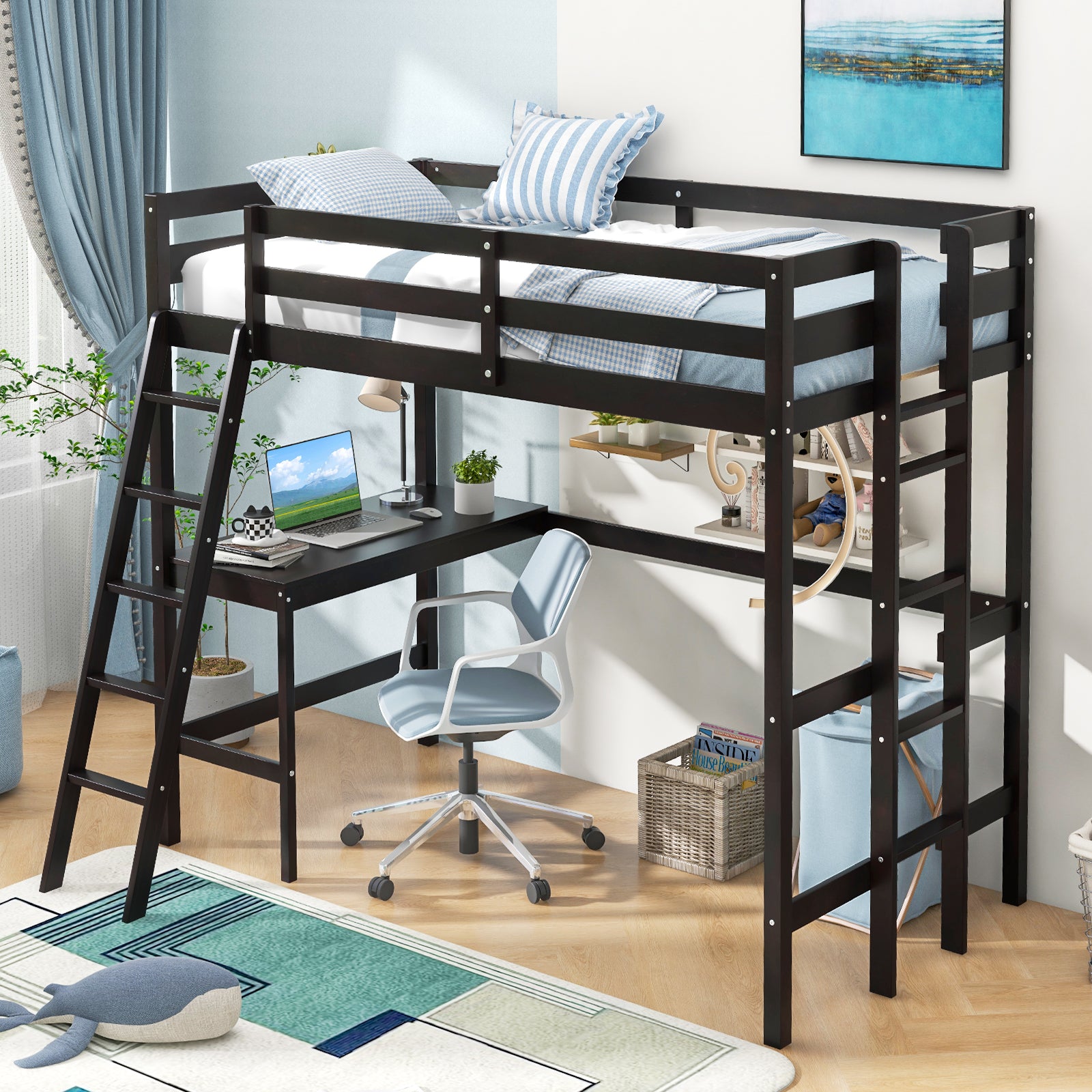Twin Size Loft Bed Frame with Desk Angled and Built-in Ladder, Dark Brown Bunk Bed Frame at Gallery Canada