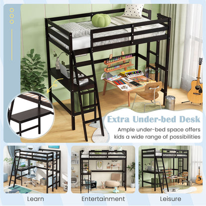 Twin Size Loft Bed Frame with Desk Angled and Built-in Ladder, Dark Brown Bunk Bed Frame at Gallery Canada