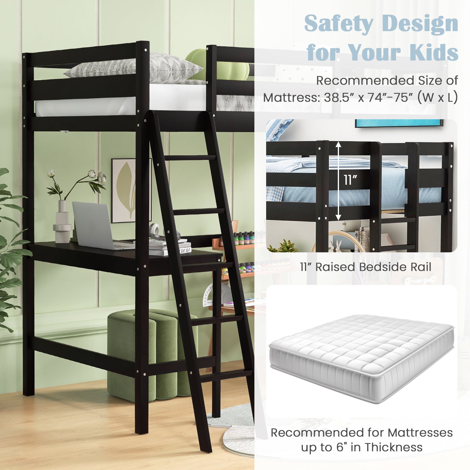 Twin Size Loft Bed Frame with Desk Angled and Built-in Ladder, Dark Brown Bunk Bed Frame at Gallery Canada