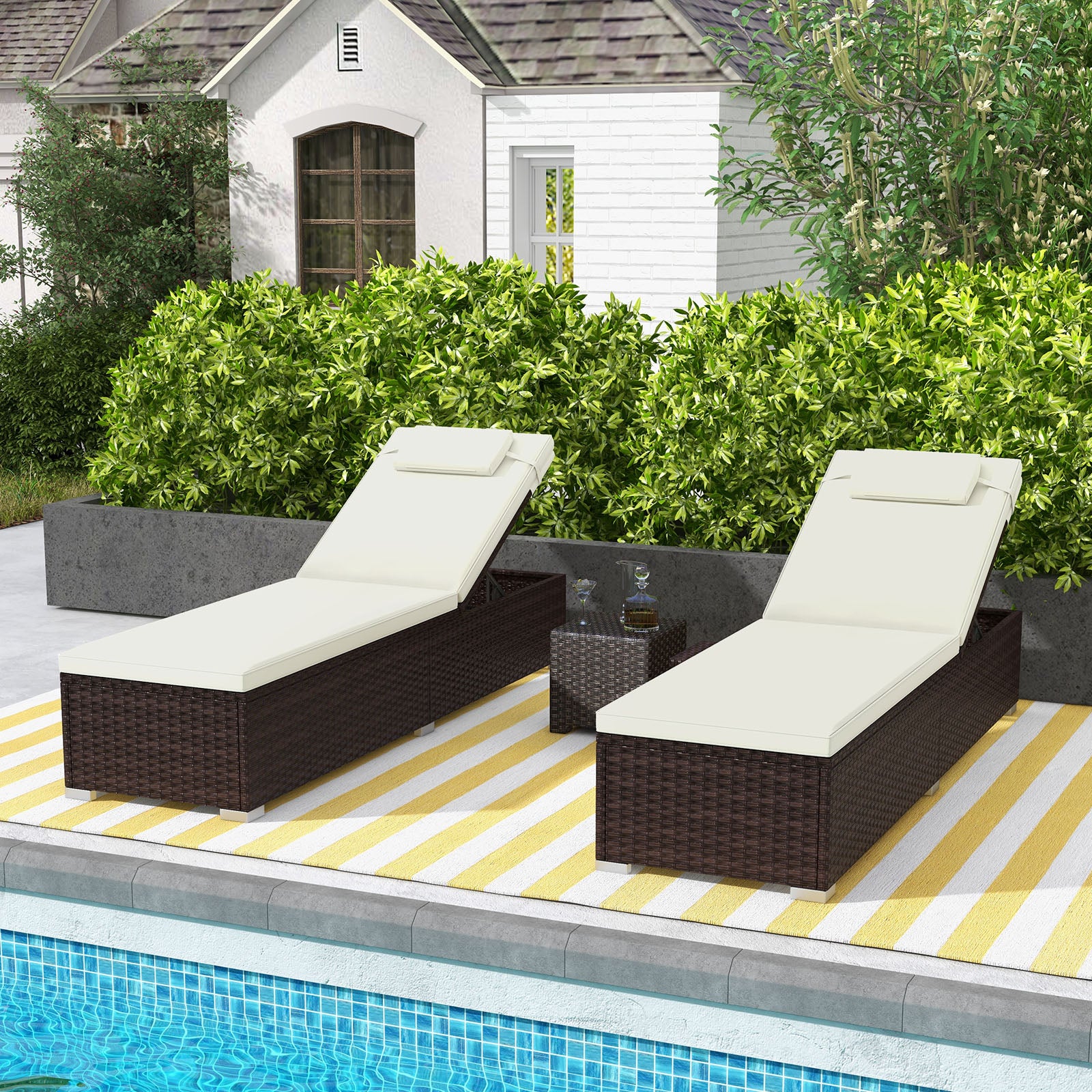 Patio Chaise Lounge Set of 2 with Backrest Seat Cushion and Headrest for Backyard Poolside, Off White Outdoor Chaise Lounges at Gallery Canada