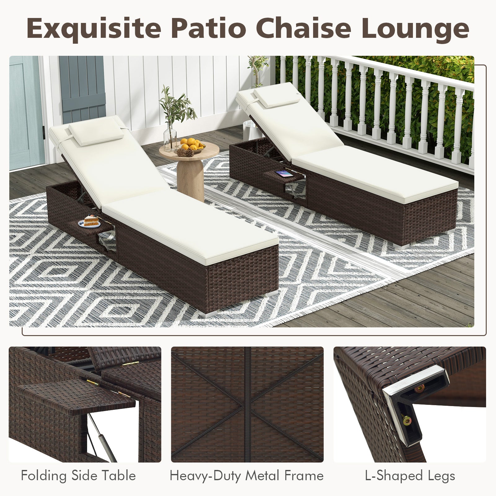 Patio Chaise Lounge Set of 2 with Backrest Seat Cushion and Headrest for Backyard Poolside, Off White Outdoor Chaise Lounges at Gallery Canada