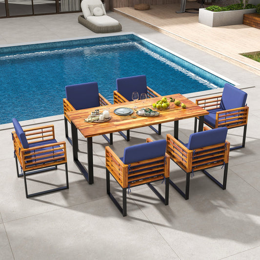7 Pieces Patio Acacia Wood Dining Chair and Table Set for Backyard and Poolside, Navy - Gallery Canada